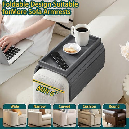 Bamboo Couch Arm Tray Table，Foldable Sofa Armrest Tray Table for Couch，Flexible and Anti-Slip Couch Arm Cup Holder，Portable Sofa Arm Chair Table for Drink,Cups, Eats，Snacks, Phone, Remote (Gray) - color: Gray