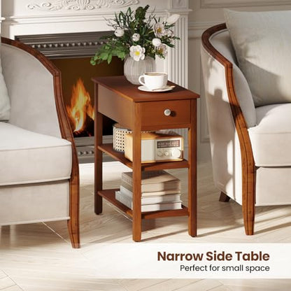 Giantex Narrow End Table Set of 2, Farmhouse Side Tables with Drawer & Storage Shelves, Wood Sofa Side Table, 3-Tier Night Stand for Small Space Living Room Bedroom, Brown - color: Brown