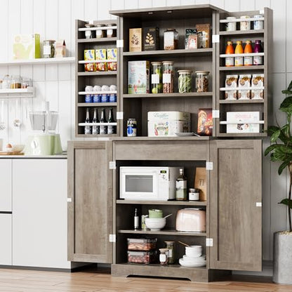 Vongrasig Kitchen Pantry Storage Cabinet with Barn Doors, Drawer and Adjustable Shelves, 6-Tier Tall Rustic Wood Cupboard Locker for Kitchen, Dining Room, Living Room, Bathroom, Rustic Grey - color: Rustic Grey