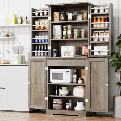 Vongrasig Kitchen Pantry Storage Cabinet with Barn Doors, Drawer and Adjustable Shelves, 6-Tier Tall Rustic Wood Cupboard Locker for Kitchen, Dining Room, Living Room, Bathroom, Rustic Grey - color: Rustic Grey