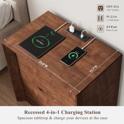 YANSNWO Walnut Nightstand Set of 2 with Charging Station, 23.6" Modern Bedside Table with Thickened Frame & Unique Panel, Mid Century Wood End Table for Bedroom, Living Room - color: Walnut, size: 15.6"D x 23.6"W x 23.6"H (2 Drawers/2 Piece)