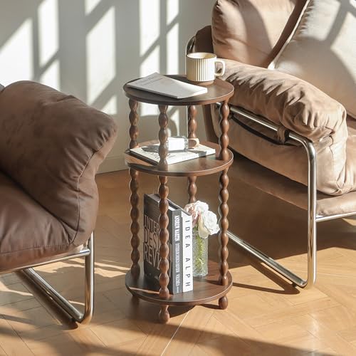 AWASEN Small Round End Table, Round Side Table with 3-Tier Open Shelf for Small Spaces, Wood Accent Table Nightstand for Bedroom, Living Room, Office, Walnut Brown - color: Walnut Brown