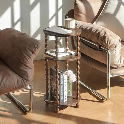 AWASEN Small Round End Table, Round Side Table with 3-Tier Open Shelf for Small Spaces, Wood Accent Table Nightstand for Bedroom, Living Room, Office, Walnut Brown - color: Walnut Brown