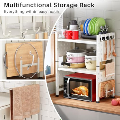Microwave Stand, 3-Tier Expandable(17.4"-27.4") Microwave Oven Rack, Heavy Duty Adjustable Shelf with 9 hooks, Kitchen Organizer Storage Shelves for Pantry, Countertop, Coffee Bar, Office, Dorm, White - style: 3 Tier-White