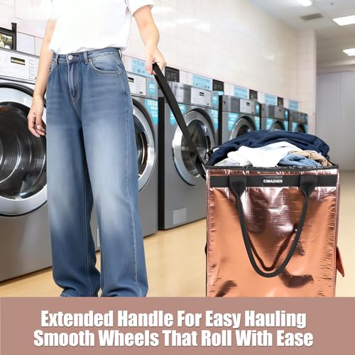 Reusable Grocery Bag Tote Bag with Wheels, Foldable Rolling Tote Bag with 3 Handles and Zipper - color: Rose Gold, size: Small