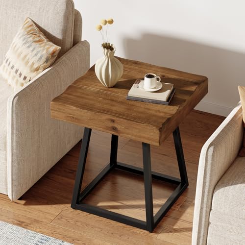 Solid Wood End Table, 19.7" Square Side Table with Metal Frame, Industrial Nightstand for Living Room, Bedroom, Small Spaces
