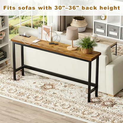 FAMIDGE Charging Console Table with Outlet 36 Inch Tall Narrow Sofa Table One-Piece Top Behind Couch Table 2 USB 2 AC for Entryway Hallway, Living Room, Rustic Brown - color: Brown