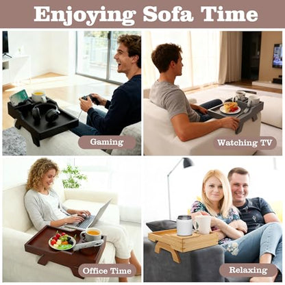 GHKINMAL Couch Cup Holder Tray, 15.4"x9.9" Large 4 in 1 Couch Armrest Table with 360°Rotated Phone Holder, Non-Slip Clip on Side Table for Drinks/Remote/Snacks, Ideal Gift for Husband, Wife, Parents - color: Walnut