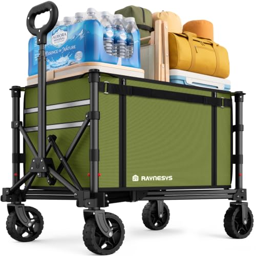 Collapsible Wagon with Wheels,120L Wagon Cart for Camping Groceries Beach | 220lbs Capacity Wagon Carts Foldablet,Smallest Folding Size,Lightweight Portable,Adjustable Handle,Transport long items - color: Green