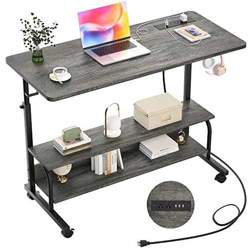 Armocity Rolling Standing Desk with Charging Station, Portable Height Adjustable Mobile Computer Desk with Wheels & 2-Tier Shelves & Hooks, Easy Assembly Laptop Table for Couch Bed, 39" Grey Oak - color: Grey Oak, size: 39''