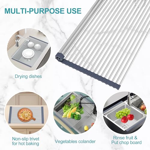 BBXTYLY Extra Large Expandable Roll Up Dish Drying Rack,Over The Sink Drying Rack Sink Cover Kitchen Sink Accessories Kitchen Rolling up Stainless Steel Drainer, Foldable,Rollable（Gray，22.8''-12.4''） - color: Gray, style: 16 tubes,expandable