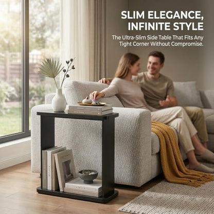 Narrow Side Table for Small Spaces, 7.9" Slim End Table with 2-Tier Open Storage Shelf, Modern Skinny Wood Sofa Table for Living Room, Bedroom, Nightstand, Couch (Black) - color: Black