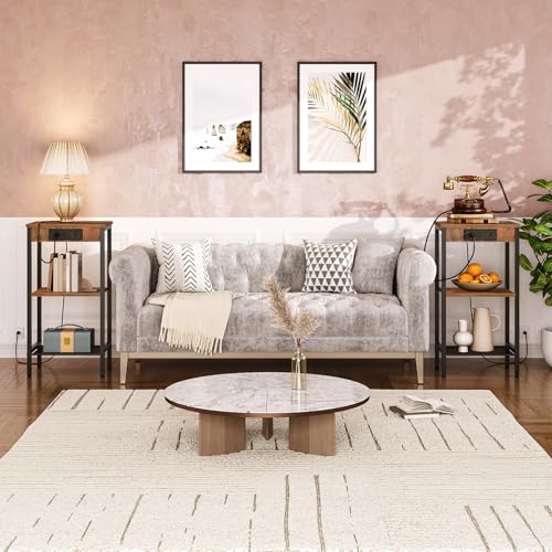 HOOBRO Tall End Tables with Charging Station, Set of 2, 30 Inch Tall Nightstands, 3-Tier Side Tables with Adjustable Storage Shelves, for Living Room, Bedroom, Hallway, Rustic Brown BF09UDHP201G1 - color: Rustic Brown + Black