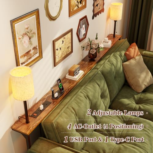 78.8" Long Sofa Table with Lights & Charging Station - 4 AC outlets | 22"-32" Height Adjustable Behind Couch Table, Narrow Console Table, Slim Design for Living Room, Rustic Brown - color: Brown, size: 78.8" Long-2 Light