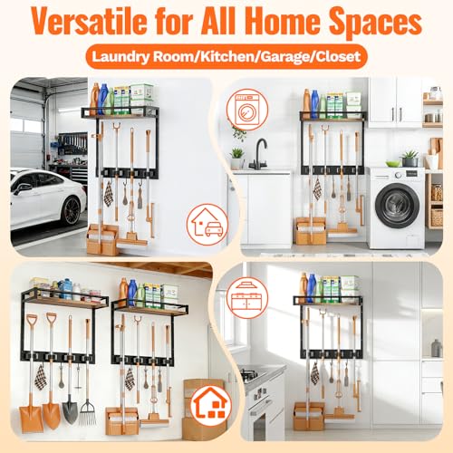 Broom Holder Wall Mount with Shelf, 15.7" Wx6.7 Dx15.7 H, 1 Pack | Load 66LBS, 4 Mop Hanger Grippers, 3 Hooks, for Laundry Room, Garage, Utility Closet, Kitchen - style: 1 Pack