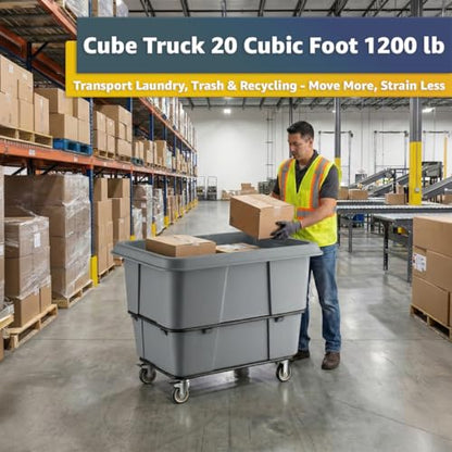 Construction Trash Trolley 20 Cubic Foot 1200 lb., Commercial Rolling Laundry Truck, Industrial Garbage Wagon Transportation, Grey Cube Truck Waste Bin, Hotel & Warehouse Supplies