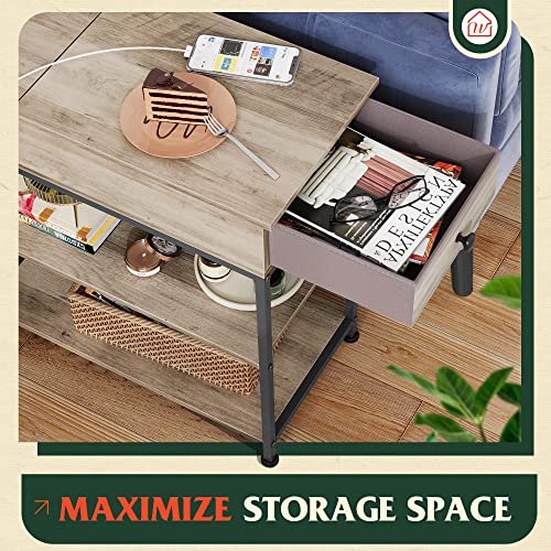 WLIVE 3-Tier Narrow Side Table with 2 USB Ports and 2 Outlets, Flip Top End Table with Drawer and Storage Shelves, Small Nightstand with Charging Station for Living Room/Bedroom, Greige - color: Greige