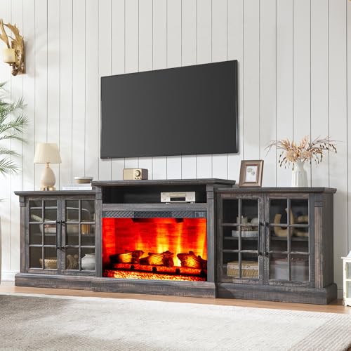 AMERLIFE 97" Farmhouse Fireplace TV Stand, Entertainment Center with Large Storage Space and Adjustable Shelf, Media Console for Living Room, Black - color: Black, size: 97"