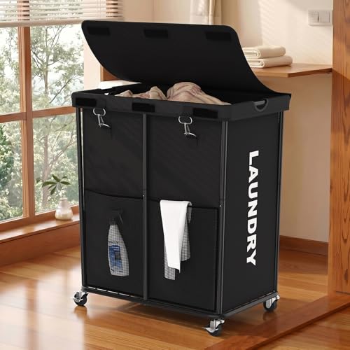 Laundry Hamper with Wheels and Lid, 225L Heavy Duty Rolling Laundry Basket, 110 lbs Capacity, Removable Inner Bag, Clothes Storage Organizer for Bedroom Bathroom Dorm, Black - color: Black, size: 225L
