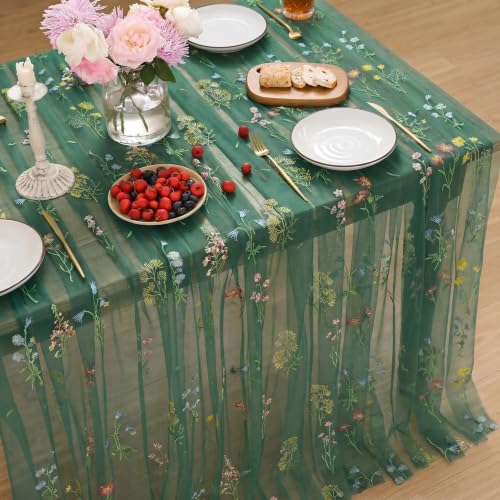 Horaldaily Embroidery Christmas Green Tablecloth 52×70 Inch Rectangular | Spring Summer Gauze Tablecloth, Seasonal Tulle Table Cover, Garden Party Decor, Resuable,Washable - color: Dark Green, size: 52" x 70" (Rectangular)