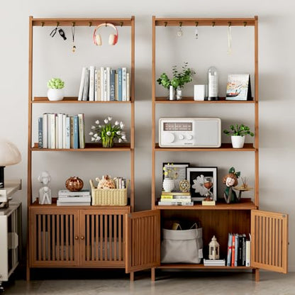 Bookcase with Drawers, 4-Tier Bamboo Bookshelf Ladder Shelf with 6 Hooks, Tall Narrow Retro Book Shelf, 24.8"L x 10.6"W x 59.5"H, Standing Storage Organizer for Living Room, Office, Bedroom, Walnut - color: 4-tier Walnut