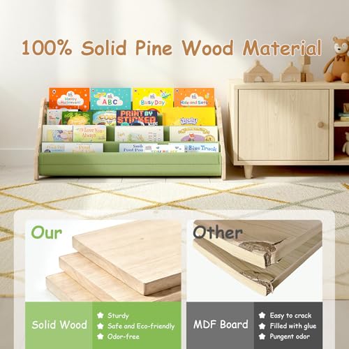LAMU Kids Bookshelf, 4 Tier Solid Pine Wood Toddler Bookshelf, Book Shelf for Kids Rooms, Portable Montessori Bookcase, Childrens Book Storage Display for Baby's Bedroom Nursery Playroom (Elephant)