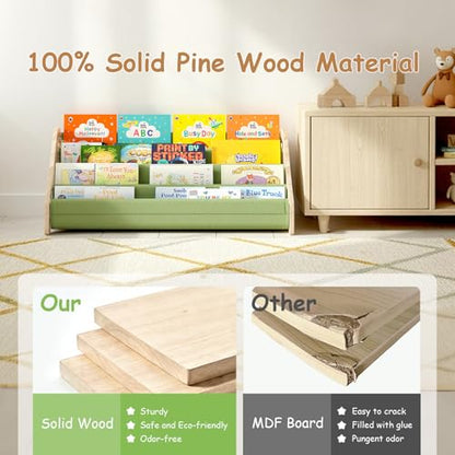 LAMU Kids Bookshelf, 4 Tier Solid Pine Wood Toddler Bookshelf, Book Shelf for Kids Rooms, Portable Montessori Bookcase, Childrens Book Storage Display for Baby's Bedroom Nursery Playroom (Elephant)