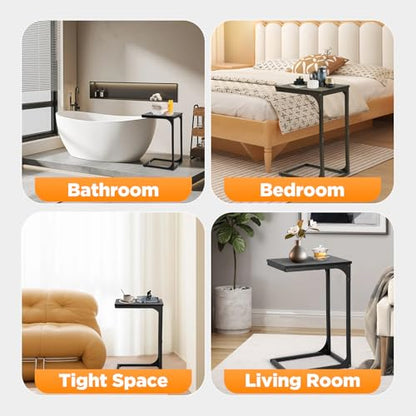 FDW C-Shaped End Table Wooden Top Side Table Adjustable Feet Small Cough Table Bedside End Table with Metal Frame for Bedroom Living Room,Set of 2,Brown - color: Brown