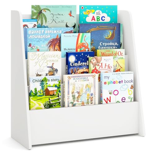 Costzon 4-Tier Kids Bookshelf, Front Facing Children Bookcase with Deep Compartments, Magazine Storage Rack for Kids Bedroom, Playroom, Nursery, Classroom, Kindergarten (White) - color: White, size: 4 Tier