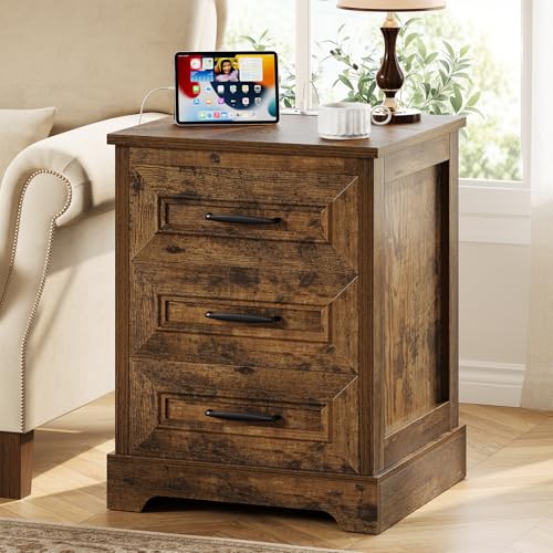 Farmhouse Nightstand with Charging Station, Wood Night Stand with 3 Drawers, Bedside Table, Nightstands with Storage, Rustic Night Stands for Bedroom, Closet, 18" Wide, 24" Tall - color: Rustic Brown, size: 18"D x 18"W x 24.4"H (3 Drawers)