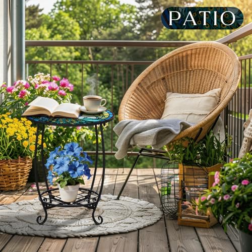 Cinnvoice Outdoor Side Table Round Small Mosaic Patio Accent Indoor End Plant Coffee Tea Table for Yard Patio Porch Garden Living Room, Bedroom(Peacock Style,12 Inch) - size: 12 Inch, style: Peacock Style