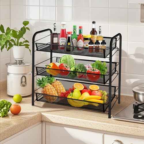 CVHOMEDECO. 3 Tier Fruit Basket Large Capacity Rectangular Metal Fruit Bowl Detachable Metal Fruit Stands Organizer for Kitchen Counter, Bread, Vegetable, Snack and Fruits. Black