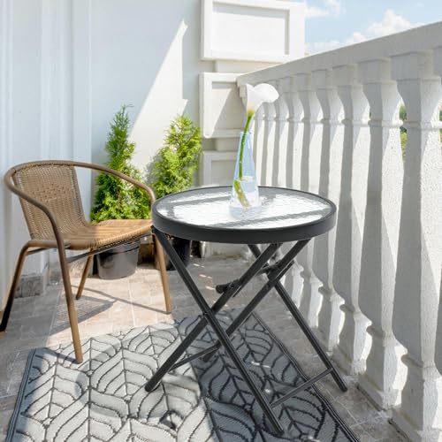 Folding Outdoor Side Table -Patio End Bistro Tables Portable Small 17.5" Round Tempered Glass Top Waterproof Dining Coffee Metal Black - color: Transparent-round