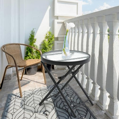 Folding Outdoor Side Table -Patio End Bistro Tables Portable Small 17.5" Round Tempered Glass Top Waterproof Dining Coffee Metal Black - color: Transparent-round