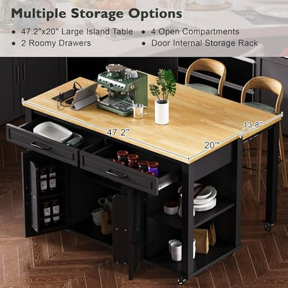 47 Extendable Countertop Coffee Station, Kitchen Storage Cabinets with Power Outlet, Kitchen Island Table with Rubber Wood Veneer for Kitchen use, Black - color: Black