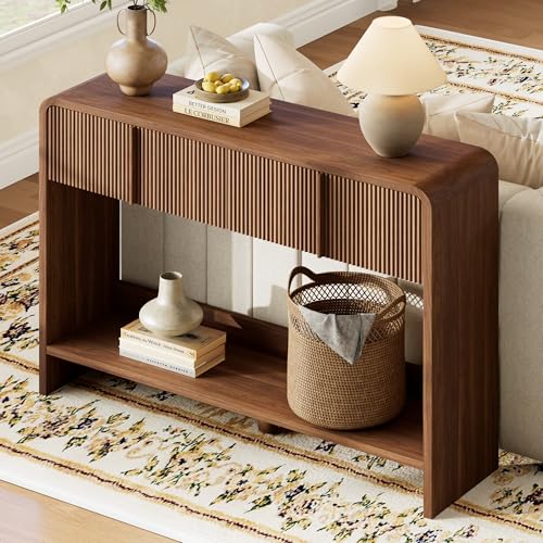 AMERLIFE 45" Fluted Entryway Console Table with 2 Drawers and Open Shelf | Modern Entryway Table with Rounded Edges, Wood Sofa Table for Hallway, Foyer, Behind Couch, Living Room, Brown - color: Brown - Fluted Panel, size: 45"