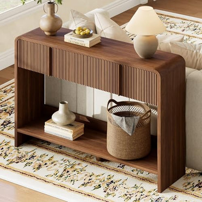 AMERLIFE 45" Fluted Entryway Console Table with 2 Drawers and Open Shelf | Modern Entryway Table with Rounded Edges, Wood Sofa Table for Hallway, Foyer, Behind Couch, Living Room, Brown - color: Brown - Fluted Panel, size: 45"
