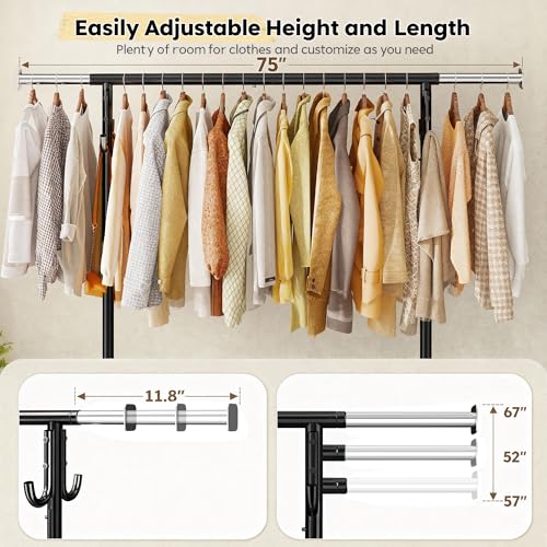 Raybee 75"W Heavy Duty Clothes Rack 450 LBS Rolling Garment Rack with Shelf | Expandable, Height Adjustable, Tool-free Assembly, 360° Lockable Wheels, Rolling Clothing Rack for Bedroom Laundry Room - color: Black, style: Rod Shelf