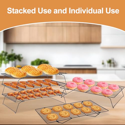Cooling Rack for Baking 3 Tiers, 16" x 10" Cookie Cooling Wire Rack Stackable Collapsible Nonstick, Stainless Steel Baking Cooking Cooling Racks with Optimum Air Flow, Black - color: Black, size: 16"x10"-3Tier