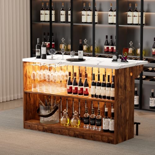 Home Bar Unit with LED Lights and Charging Station, Imitation Marble Mini Coffee Bar Pub Table with 2-Tier Storage, Footrest, Drop Leaf Kitchen Islands for Dining Room, Bistro, Living Room