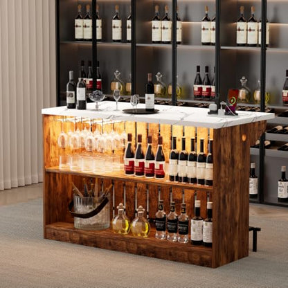 Home Bar Unit with LED Lights and Charging Station, Imitation Marble Mini Coffee Bar Pub Table with 2-Tier Storage, Footrest, Drop Leaf Kitchen Islands for Dining Room, Bistro, Living Room