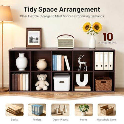 10 Cube Storage Organizer - Pine Wood Bookshelf - Cube Shelf - Vertical or Horizontal Bookcase - Open Book Shelf - Easy Assembly for Bedroom, Living Room, Office - size: 10 Cube