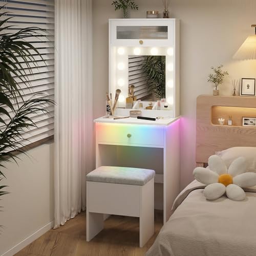 ARTETHYS Small Vanity with Mirror & RGB Light White Makeup Set for Bedroom | Table Storage Rack, Mini Vanity with Storage Chair, Space Saving Mini Makeup Table with Shelf for Compact Room - color: White 2