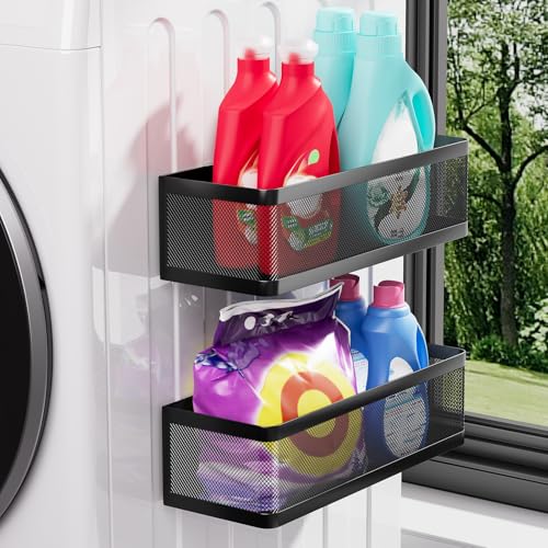 2-Pack Magnetic Shelves Laundry Room Organization | Strong Magnet Organizer,Tall Guardrails to Prevent Falling, For Washing Machine, Refrigerator, Kitchen & Pantry