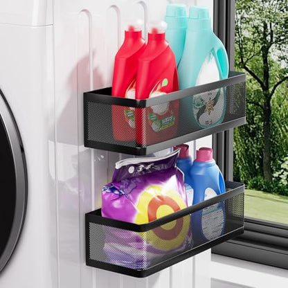 2-Pack Magnetic Shelves Laundry Room Organization | Strong Magnet Organizer,Tall Guardrails to Prevent Falling, For Washing Machine, Refrigerator, Kitchen & Pantry
