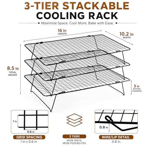 Cooling Rack 16"x10", 3-Tier Stackable & Collapsible Cooling Racks | Cooling Racks for Cooking and Baking, Roasting, Grilling, Oven & Dishwasher Safe (Black, 3-Tier) - color: Black, size: 3-Tier
