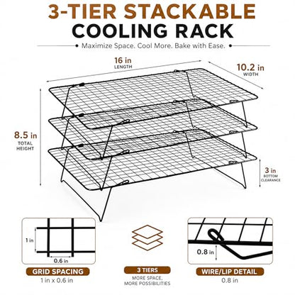 Cooling Rack 16"x10", 3-Tier Stackable & Collapsible Cooling Racks | Cooling Racks for Cooking and Baking, Roasting, Grilling, Oven & Dishwasher Safe (Black, 3-Tier) - color: Black, size: 3-Tier
