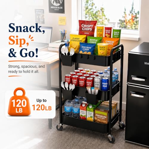 3 Tier Black Heavy Duty Rolling Cart on Wheels, Metal Utility Storage Shelves with Hanging Cup, Three Tiered Craft Carts Organizer, Shelf Cart for Bedside, Kitchen, Art, Snack, Pantry, Laundry Supply - color: Black