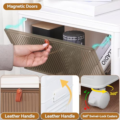 LDQ Storage Bins with Lids, 3 Tier 69QT Stackable Storage Cabinet, Foldable Closet Organizer with Doors & Wheels, Plastic Storage Drawers for Bedroom, Living Room, Bathroom