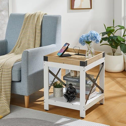 Farmhouse Square 2 Tier Side Table with Charging Station,White+Oak | End Table Sofa Table With X-Metal Frame Industrial Coffee Table Nightstand for Living Room Bedroom Small Spaces - color: White+oak, style: With Outlets